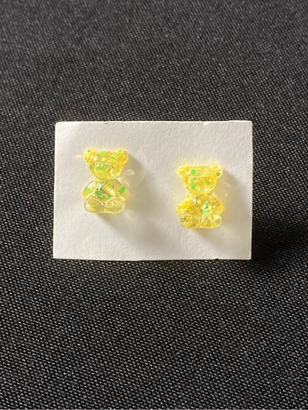 Handmade Resin Yellow And Green Glittery Mini Teddy Bear Stud Earrings